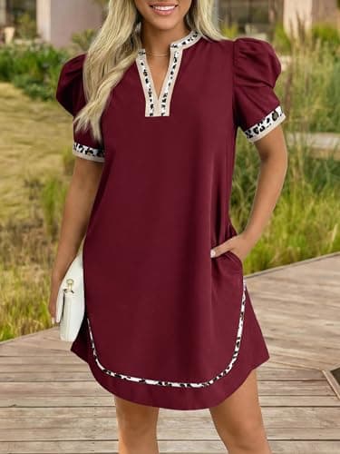 Wenrine Womens Puff Short Sleeve Mini Dress Casual V Neck Color Block Leopard Loose Beach Summer Dresses with Pockets view 3