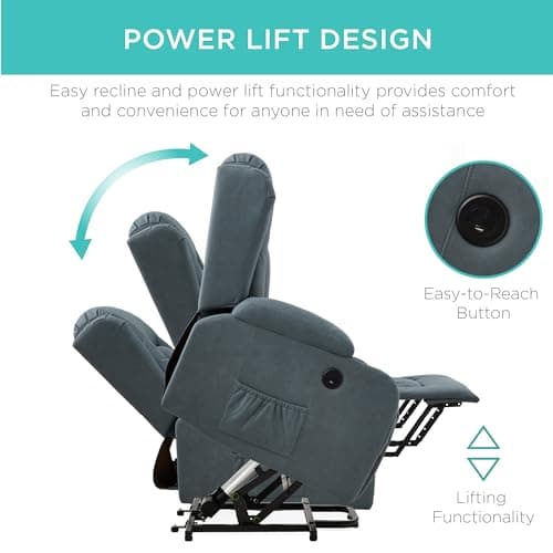 Best Choice Products PU Leather Electric Power Lift Chair, Recliner Massage Chair, Adjustable Furniture for Back, Legs w/ 3 Positions, USB Port, Heat, Cupholders, Easy-to-Reach Side Button - Blue view 4