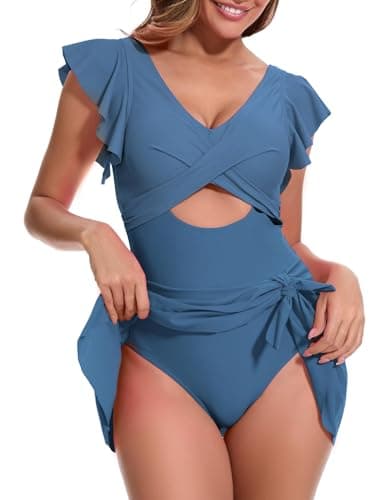 MFAVIP Women One Piece Swim Dress Tummy Control Swimsuits V Neck Ruffle Bathing Suit Cutout Sexy Wrap Side Tie with Skirt view 3