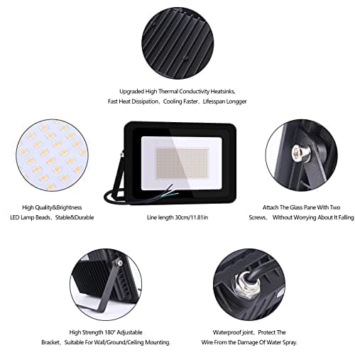 MIHEAL 110V 2 Pack 100W LED Flood Light, Warm White 3000K, IP68Waterproof Super Bright Security Lights, Outdoor Floodlight for Yard, Garden, Playground, Basketball Court view 3