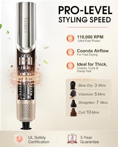 6-in-1 Hot Air Brush & Hair Dryer, 110,000 RPM High-Speed Ionic Blow Dryer | Ionic Auto Curlers, Detachable Tools, 90° Rotating Handle for Fast Drying, Curling, Straightening & Volumizing All Hair Types view 3