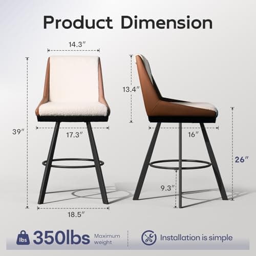 Ollega Bar Stools Set of 4, 26" Counter Height Bar Stools, Upholstered Swivel Barstools with Backs, Loop Yarn Fabric&Pu Leather, Metal Legs for Kitchen Island, Beige&Brown view 2