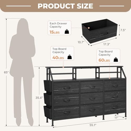 Miereirl 55''W Dresser for Bedroom, 9 Fabric Drawers & 2 Open Shelves for Closet, Bedroom Dresser with Side Pocket, Wide Chest of Drawers, for Bedroom, Living Room,Hallway (Black) view 3
