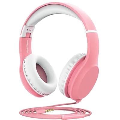 FosPower Kids Headphones with 3.5mm Laced Cables, Children & Teens Over The Ear Foldable Adjustable Headset w/Built-in Mic for Smartphones/PC/Tablet/Laptop/School (Max Volume 85dB) – Pink/White