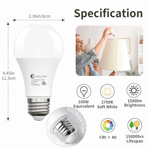 evelor 24-Packs A19 LED Light Bulbs,100 Watt Equivalent 2700K Soft White Bright Bulbs Efficient 13W,1500 Lumens E26 Base, Non-Dimmable, 15000-Hour Lifespan for Bedroom, Living Room, Office view 2