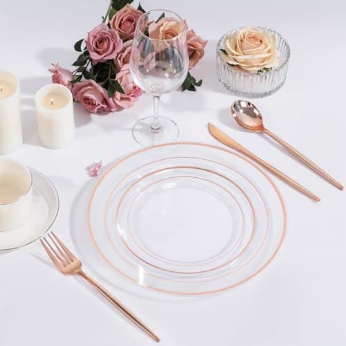 PULOTE 150PCS Rose Gold Plastic Silverware Set - Heavy Duty Rose Gold Utensils - Plastic Cutlery Disposable - Include 50 Forks, 50 Knives, 50 Spoons for Party, Mother's Day & Wedding view 6