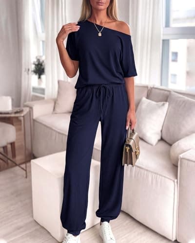 Zenlonr Women Summer 2 Piece Outfits 2026 Off Shoulder Short Sleeve Tops Elastic Waist Drawstring Long Pants Tracksuit view 2