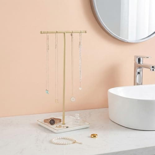 Necklace Holder Stand with Ceramic Tray, 13.78" Tall T Bar Jewelry Organizer for Tangle Free Storage, Gold Necklace Holder for Bracelets Rings, Vanity Dresser Room Decor, Gift for Women Girls view 5