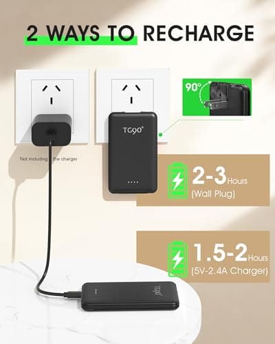TG90° 5000mah Ultra Slim Power Bank Built-in AC Plug & 2 Cables,Black view 3