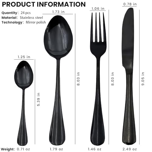 Black Silverware Set, Stainless Steel Flatware Set Service for 6, Kitchen Cutlery Gift Set Utensils Knife Fork Spoon Dinnerware Tableware Kit for for Home, Wedding, Restaurant (Black) view 3