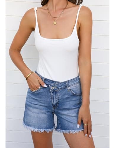 luvamia Jean Shorts for Women Mid Rise Trendy Stretchy Crossover Waist Denim Shorts Raw Hem Casual Summer Pockets view 4