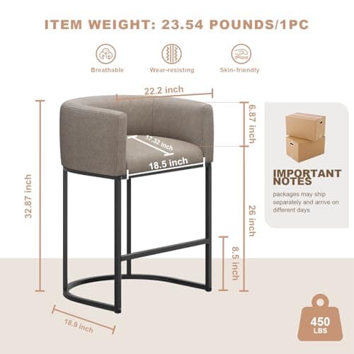 VATROS 26" H Counter Height Bar Stools Set of 3, Modern Barrel Counter Stools with Backrest and Arms, Linen Fabric Upholstered Accent Barstools for Kitchen Island,Support 450 LBS (Sand) view 2