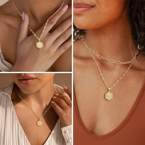 M MOOHAM Mothers Day Gifts, 14K-Gold-Plated Initial Necklaces for Women Cute Hexagon Letter Initial Necklace Layered Necklaces for Women Teen Girl Gifts view 4