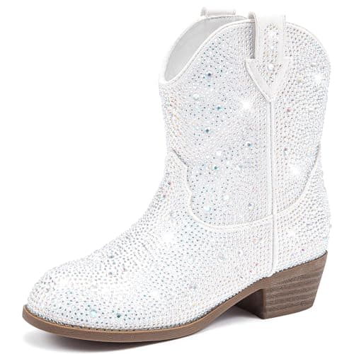 Motasha Cowgirl Boots For Girls Cowboy Boots Cow Girl Boot White Sparkly Ankle Booties Western Rhinestone Girls' Shoes Dress Size 13 Little Toddler Girl Kids Big Fall Party (M7132 White 13)
