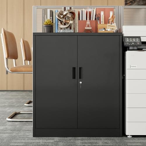 BESFUR Metal Garage Storage Cabinet with 2 Locking Doors and 2 Adjustable Shelves, 36" Black Metal Short Storage Cabinet for Home Office,Garage,School,Utility Room view 2