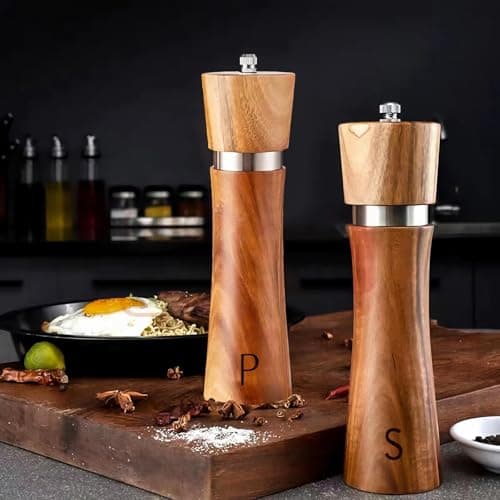 Wooden Salt and Pepper Grinder Set, 8 Inches Refillable Salt and Pepper Mills, Peppercorn Shaker with Adjustable Coarseness, Durable Acacia Wood with Ceramic/Stainless Steel Core, Tableware Gifts view 5