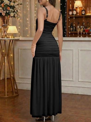 Wenrine Womens Summer Sleeveless Maxi Dress Mesh Ruched Spaghetti Strap Wedding Guest Split Formal Cocktail Dresses view 3