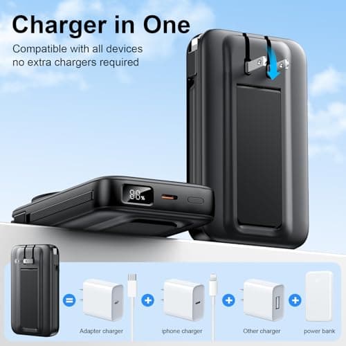 MagSafe Power Bank 10000mAh, Built-in 2 Cables + Wall Plug, 22.5W Fast Charge, LED Display & Stand for iPhone/Apple Watch view 2