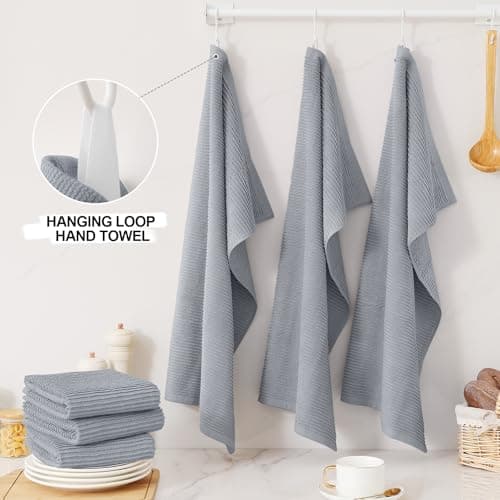 Homaxy Premium Kitchen Towels (18"x 28", 6 Pack), Large 100% Cotton Kitchen Hand Towels, Ultra Absorbent Ribbed Terry Tea Towels Set with Hanging Loop, Grey view 4