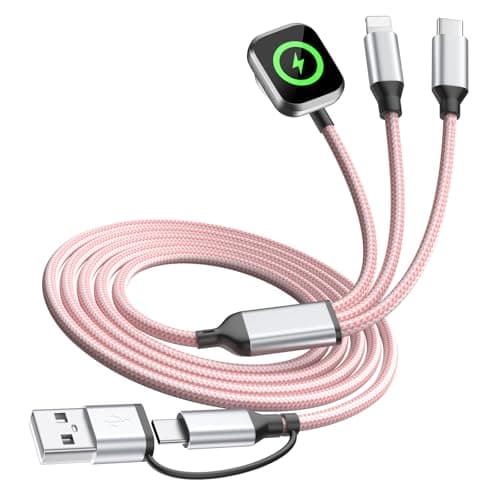 3 in 2 Multi Charging Cable for iWatch Charger/IP/USB C,Travel Cruise Essentials,Pink 1-Pack 5FT Braided USB A/C Cable Designed for Multiple Devices,Car Accessories for iWatch Ultra/SE & iPhone 17-11 — image 1