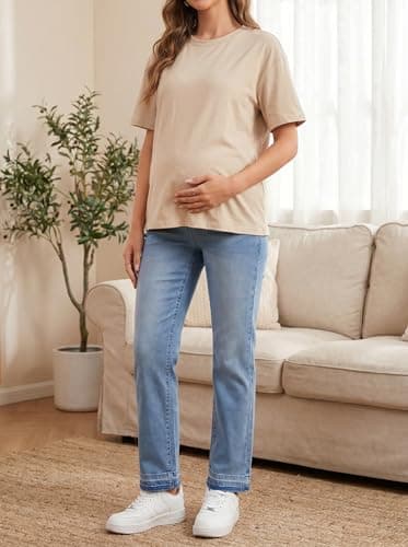 BLENCOT Women Maternity Jeans High-Rise Elastic Waist Pregnancy Pants Work Straight Leg Jean Pockets S-2XL view 3