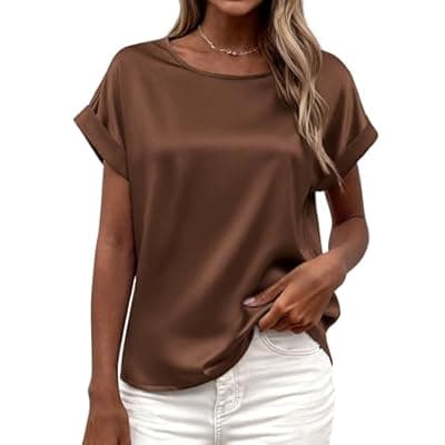 BTFBM Summer Tops for Women 2026 Dressy Satin Blouses Loose Crew Neck Short Sleeve Shirts Work Business Casual Outfits
