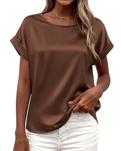 BTFBM Summer Tops for Women 2026 Dressy Satin Blouses Loose Crew Neck Short Sleeve Shirts Work Business Casual Outfits view 1