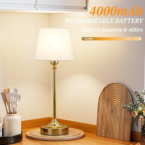 Kakanuo Gold Cordless Table Lamp with Rechargeable Battery, 1 Pack | Touch Stepless Dimming with Memory, 4000mAh Capacity, 3000K Warm Light, for Bedroom, Dining Table, Counter, Living Room view 6
