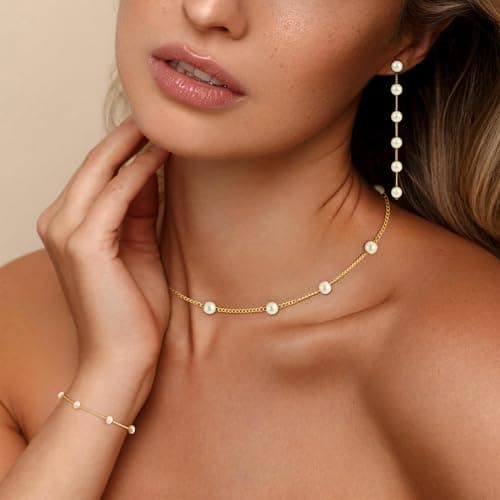 Fezodo Mothers Day Gifts - Pearl Necklace, 18K Gold/Silver Plated Layered Pearl Necklaces Dainty Pearls Choker Necklace and Earring Set Mothers Day Birthday Gifts for Mom Wife Daughter Sister Friends view 3