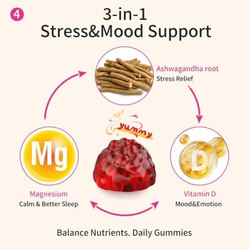 Ashwagandha Gummies for Stress Relief & Calm, 300 mg Root Extract with Magnesium and Vitamin D, Sugar-Free Vegan Supplement, 90 Count view 4