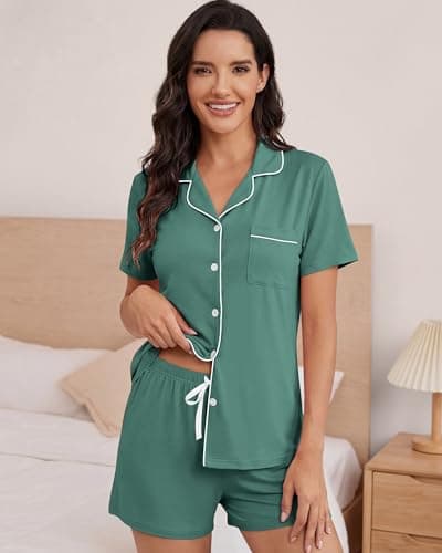 VRVOICE Womens Button Down Pajamas Set Short Sleeve Sleepwear Bride Pjs Soft 2 Piece Lounge Shorts Set XS-XXL view 4