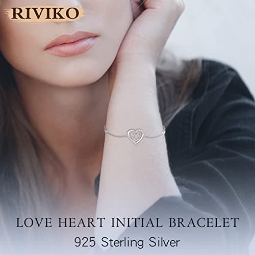 RIVIKO Heart Initial Bracelets for Women,925 Sterling Silver Letter Bracelets, Personalized Charm Alphabet Jewelry Valentines Christmas Mother’s Day Birthday Gifts for Women Friend Her Mom Wife Lady view 2