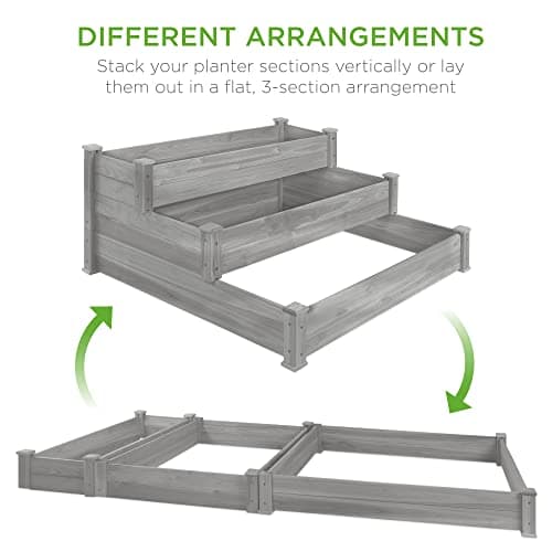 Best Choice Products 3-Tier Fir Wood Raised Garden Bed Planter Kit for Plants, Herbs, Vegetables, Outdoor Gardening w/Stackable & Flat Arrangement, Easy Assembly - Gray view 5