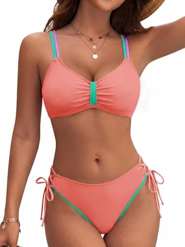 Dridreo Women's Bikini Sets Two Piece Swimsuit Neon Color Block Bathing Suit Adjustable Tie Back Mid Rise Swimwear 2026 Coral Pink L