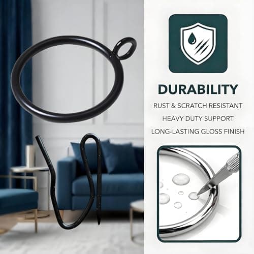 Curtain Rings with Eyelets, Metal Curtain Hooks for Drapes, Drape Ring 1.5 in Inner Diameter Fits Up to 1 1/4 inch Curtain Rod, 1.2 in Drapery Pins (22 Pcs Black Curtain Rings and 30 Pcs Black Hooks) view 4