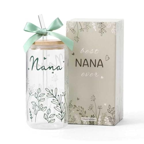 Gifts for Nana-Bow Glass Cup with Lids and Straws Cute Aesthetic Iced Coffee Cup Smoothie Tumbler Gift for Grandma Birthday Mothers Day Christmas Personalized Nana Presents stuff from Grandkids16oz