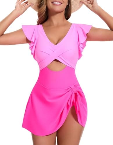MFAVIP Women One Piece Swim Dress Tummy Control Swimsuits V Neck Ruffle Bathing Suit Cutout Sexy Wrap Side Tie with Skirt — image 1