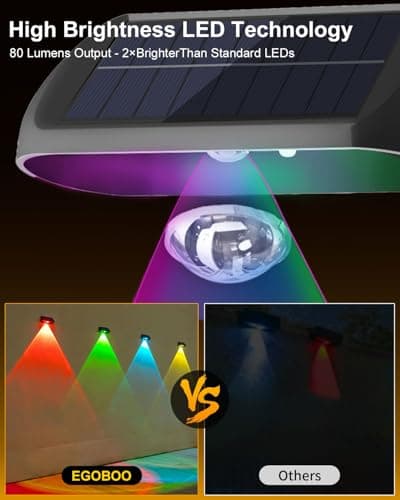 EGOBOO Solar Fence Lights Outdoor Waterproof 12 Pack, 7 Fixed Colors＆RGB Cycling Mode for Holiday Decor, Outside Solar Powered Backyard Lighting for Deck/Wall/Railing/Step/Patio/Pool Porch view 4