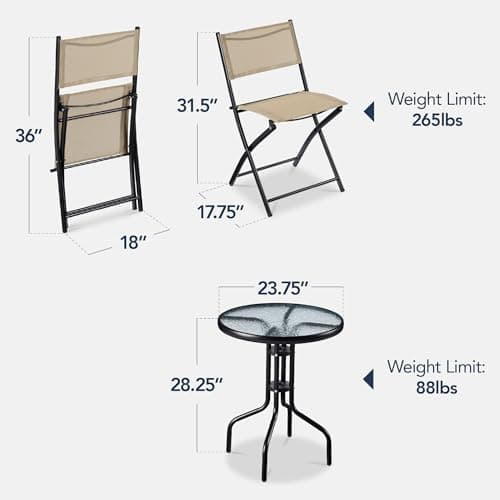 Best Choice Products 3-Piece Patio Bistro Dining Furniture Set w/Textured Glass Tabletop, 2 Steel Folding Chairs, Polyester Fabric - Beige view 3