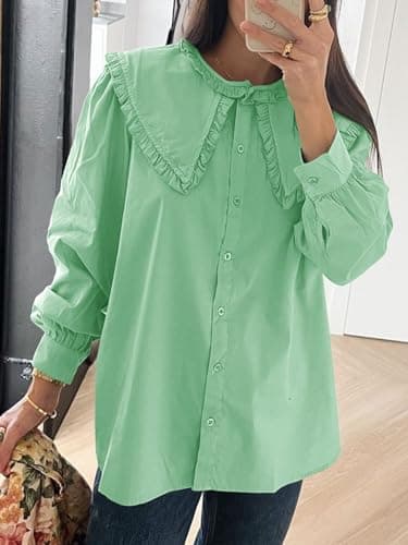 Tankaneo Womens Button Down Shirts Cotton Puff Sleeve Babydoll Blouse Fall Casual Doll Collar Tops view 6