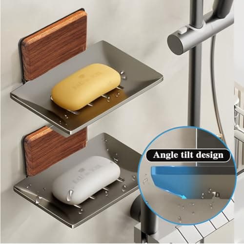 Wooden Soap Dish for Shower Wall Self Draining Square Soap Holder with Metal Drain Hanging Soap Dish for Shower view 6