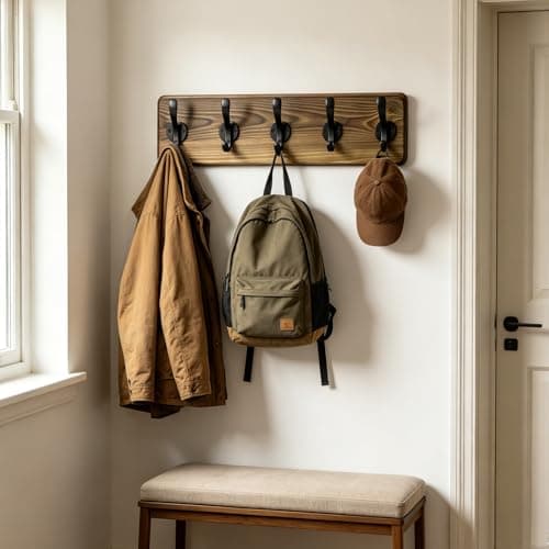 Dellicasi 17" Coat Rack Wall Mount, Rustic Wall Mounted Coat Rack, Pine Solid Wood Coat Hook Hanger with 5 Metal Hooks- Wall Coat for Hanging Clothes Key Robes Towels Coats view 6