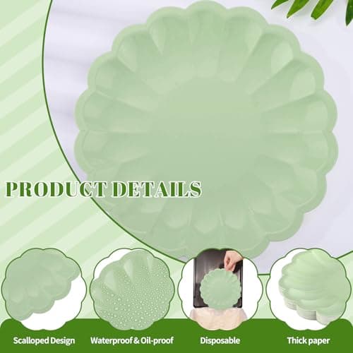 NatNarr 30 Pcs Sage Green Paper Plates 9.5 In Green Plates Disposable Heavy Duty Scalloped Party Plate with Shell Edge for Wedding Birthday Bridal Shower Baby Shower view 5