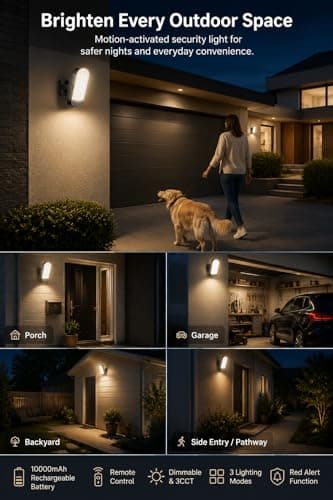 Rechargeable Motion Sensor Outdoor Light, 10000mAh Battery Security Light with Remote, 3 Modes, Red Alert, Dimmable 3CCT IP65 Waterproof Lamp for Porch Garage Backyard view 5