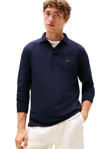 Tommy Hilfiger Men's Long Sleeve Polo Shirts in Regular Fit with Stretch and Organic Pique Cotton, Desert Sky
