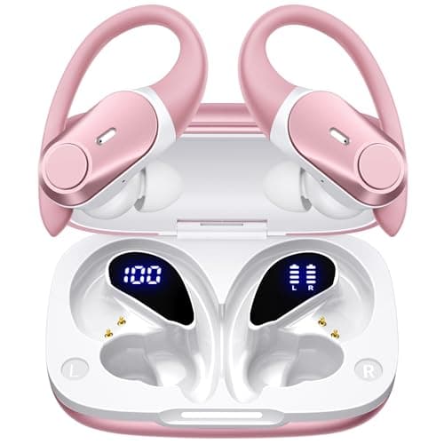 Active Noise Cancelling Wireless Earbuds Bluetooth Headphones 80H Playtime Ear Buds with Power Display Case Hi-Res Sound & Clear Calls Over Ear Hooks Earphones for Sports Running Gym Workout Rose Gold