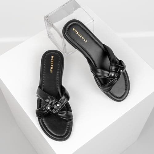 WONGXWAY Women Dressy Sandals Strappy Knotted Slide Sandals Cute Comfy Open Toe Slip On Sandals view 3