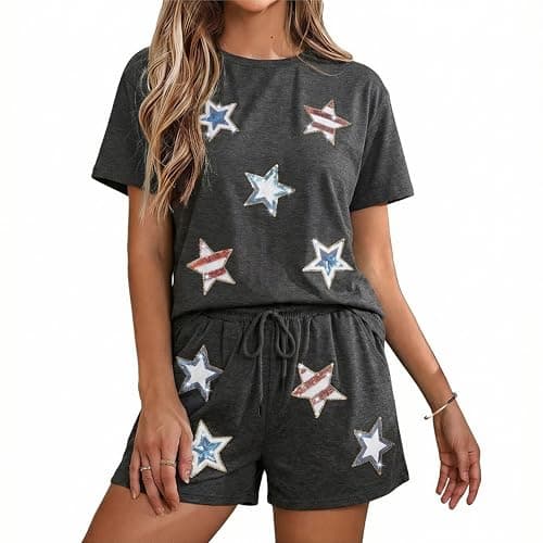 MYHALF 4th of July Sets for Women Sequin Star Graphic Shirt and Shorts Patriotic Outfits 2 Piece Short Sleeve Lounge Set view 6
