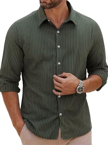 BAYAMO Men's Button-Down Striped Shirts Casual Long Sleeve Cotton Linen Collared Shirts Fashion Business Dress Shirt — image 1