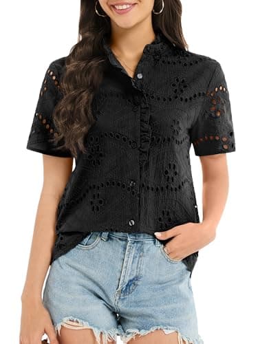 Funlingo Black Tops for Women Dressy Casual Short Sleeve Eyelet Embroidered Blouses Summer Button Down Hollow Out Lace Shirts Trendy Clothes 2XL